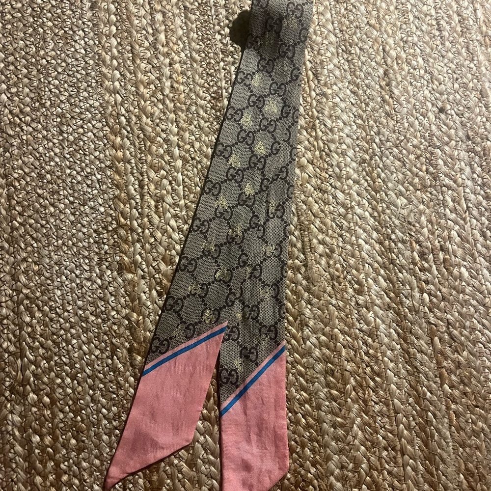 Gucci Tan and Pink Logo Silk Tie